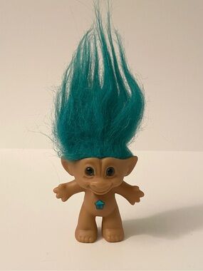 Vintage Dam Troll Doll Blue Hair Star Belly Gem Figurine Retro 90s